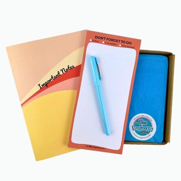 Notebook set with a pen and list pad in a box, featuring 'Box Raspberry Box' branding.